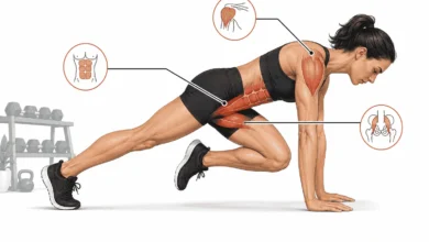 Side-view anatomical illustration of a person performing a mountain climber exercise in a high plank position with shoulders, core muscles, and hip flexors highlighted for educational fitness guidance