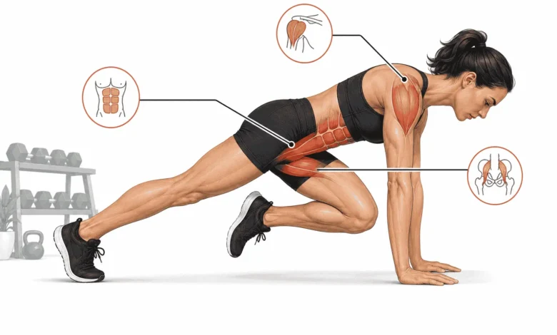 Side-view anatomical illustration of a person performing a mountain climber exercise in a high plank position with shoulders, core muscles, and hip flexors highlighted for educational fitness guidance