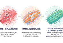 Timeline graphic showing the three stages of muscle strain healing — inflammation, repair, and remodeling — with approximate day and week ranges