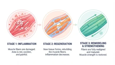 How long does it take for a pulled muscle to heal 17 Timeline graphic showing the three stages of muscle strain healing — inflammation, repair, and remodeling — with approximate day and week ranges
