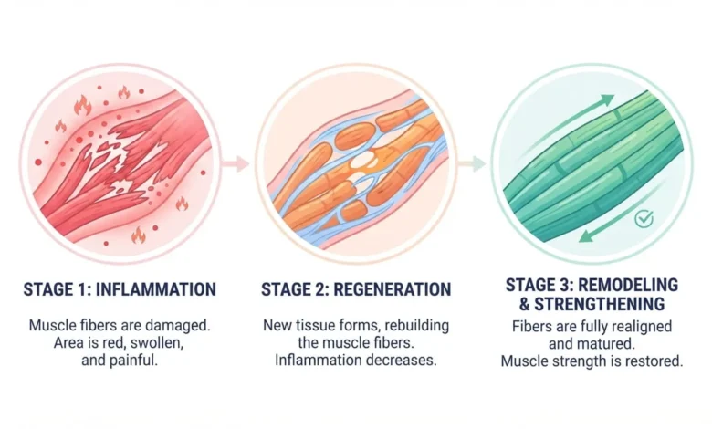 Timeline graphic showing the three stages of muscle strain healing — inflammation, repair, and remodeling — with approximate day and week ranges