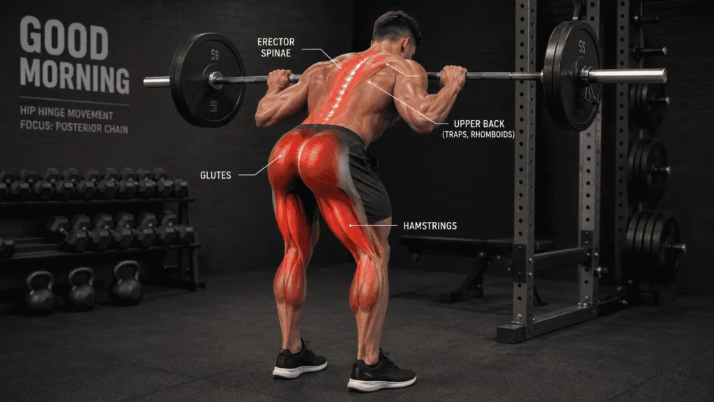 Anatomical illustration showing muscles worked during a barbell good morning exercise — hamstrings, glutes, erector spinae, and upper back highlighted in red on a male athlete's back.