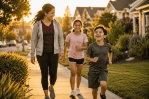 A parent walking with two children on a suburban sidewalk during golden hour, while one child happily jogs ahead in casual activewear after dinner