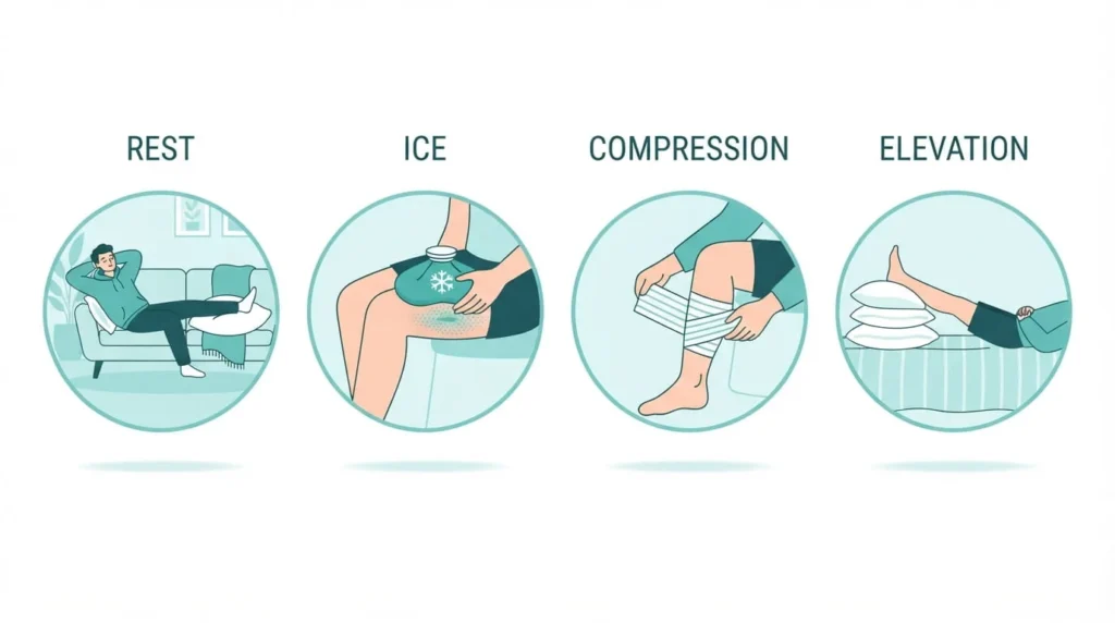 Four-step infographic showing Rest, Ice, Compression, and Elevation for treating a pulled muscle
