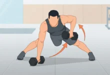 Plank position for the dumbbell renegade row, showing feet spread wide and one arm rowing a dumbbell to the hip