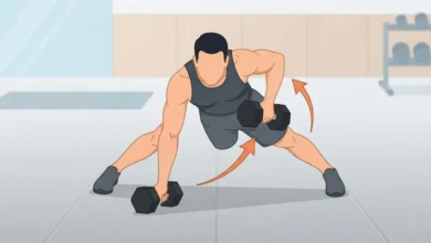 Upper Body Dumbbell Workout: Build Strength Fast 33 Plank position for the dumbbell renegade row, showing feet spread wide and one arm rowing a dumbbell to the hip