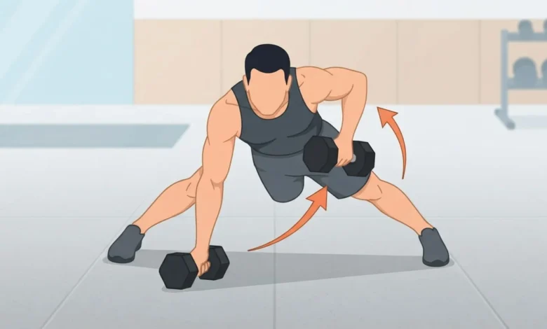 Upper Body Dumbbell Workout: Build Strength Fast 13 Plank position for the dumbbell renegade row, showing feet spread wide and one arm rowing a dumbbell to the hip