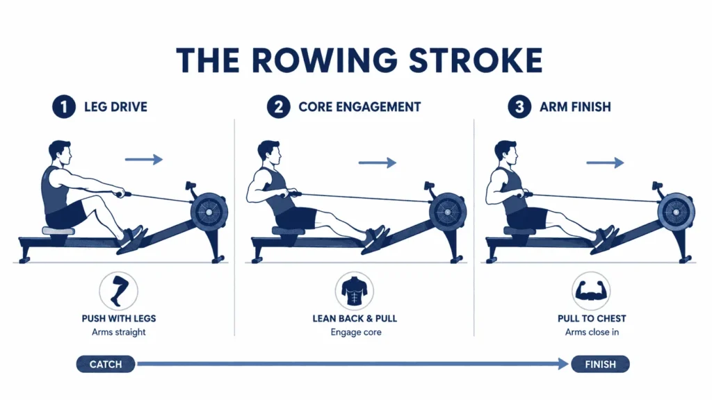 Three-step rowing stroke technique diagram with leg drive, core engagement, and arm finish.