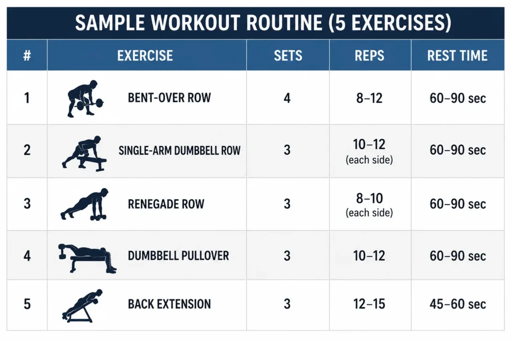 Sample back workout with dumbbells showing sets, reps, and rest time for five exercises