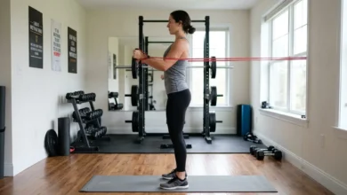 Woman performing scapular stabilization exercises with a resistance band to strengthen shoulder blade muscles