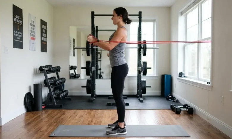 Woman performing scapular stabilization exercises with a resistance band to strengthen shoulder blade muscles