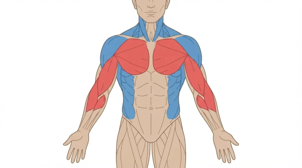 Upper Body Dumbbell Workout: Build Strength Fast 14 Diagram labeling chest, back, shoulders, biceps, and triceps muscles worked in an upper body dumbbell workout