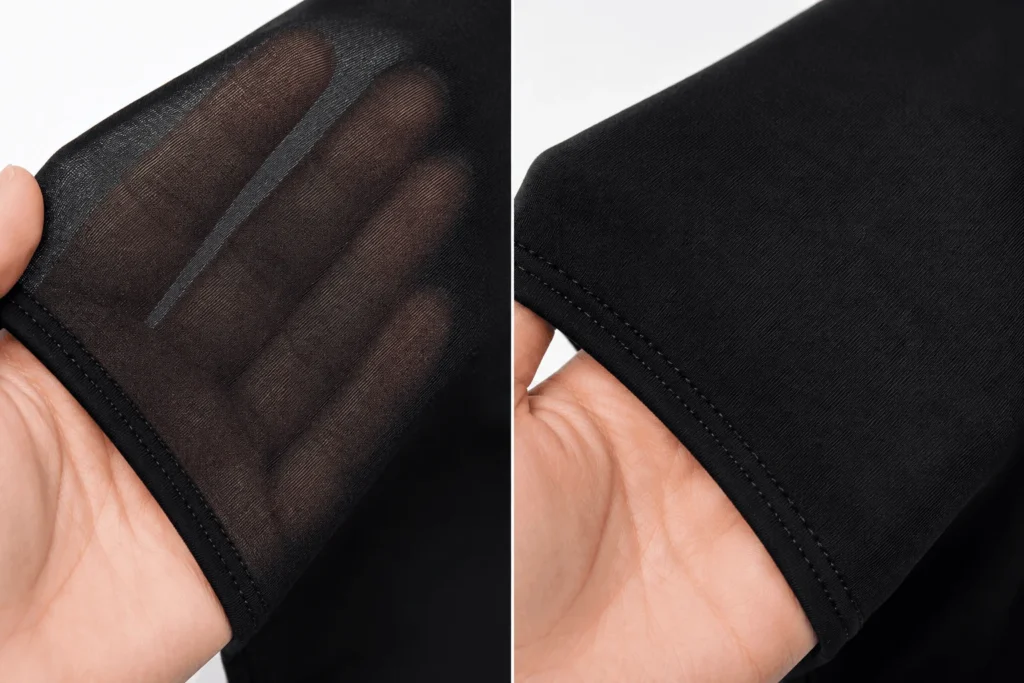 Side-by-side comparison of thin sheer fabric versus dense opaque fabric in workout leggings