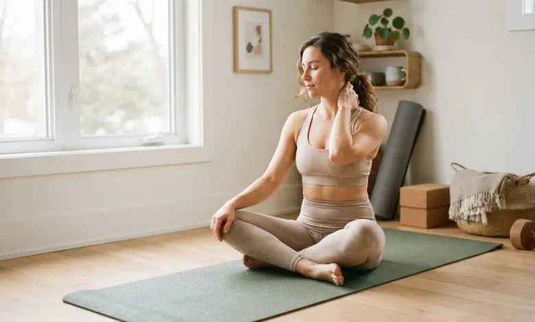 Young adult in athletic wear sitting on a yoga mat in a bright home gym, holding their neck before starting a workout.