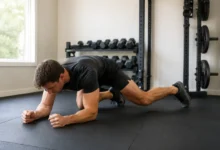 person performing an army crawl exercise on a gym mat
