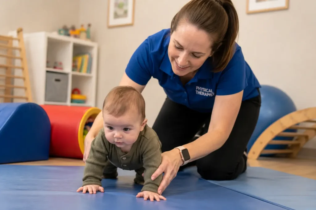 pediatric physical therapist helping a baby who army crawls