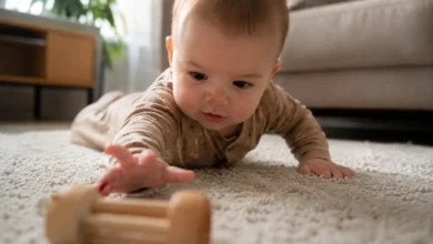 When Do Babies Army Crawl? What Parents Should Know 17 baby army crawling across a rug toward a toy