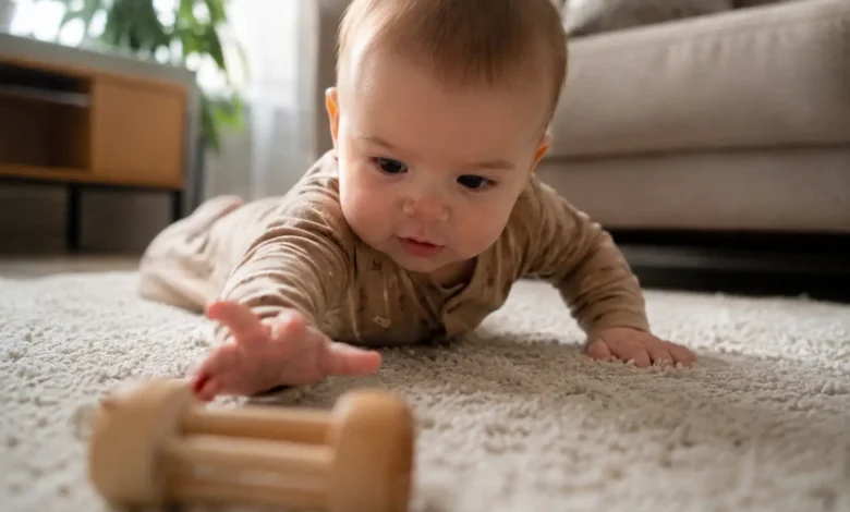 baby army crawling across a rug toward a toy
