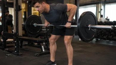 man performing back exercises with barbell using bent-over row