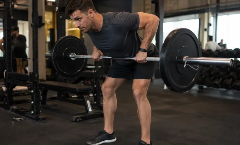man performing back exercises with barbell using bent-over row