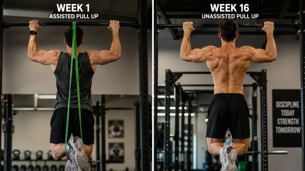 How to Do a Pull Up: Full Training Guide for Beginners 16 Before and after progress showing how to do a pull up over time with consistent training