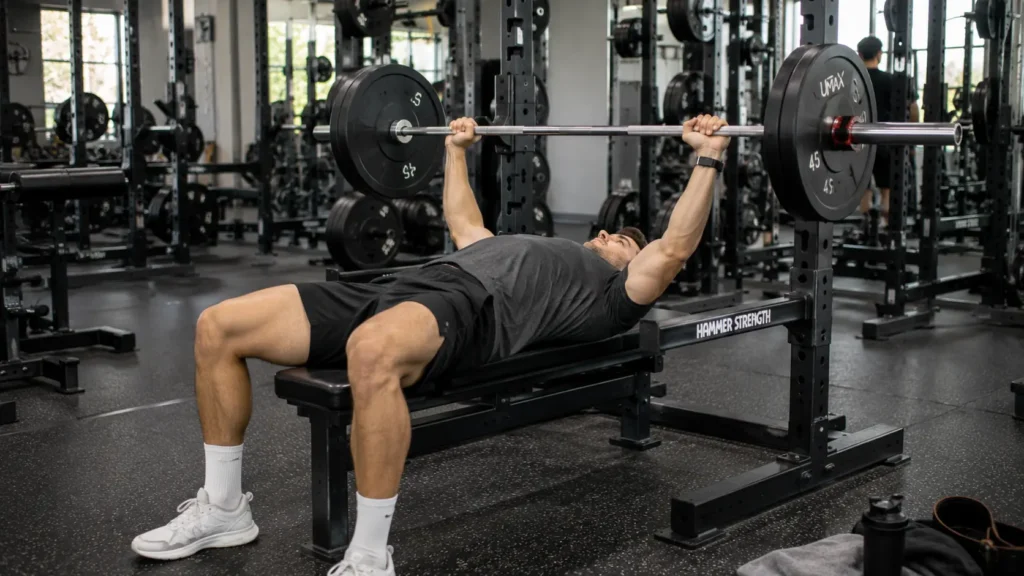 Upper Body Warm Up: The Complete Pre-Workout Routine 16 Lifter performing a light ramp-up bench press set as part of an upper body warm up