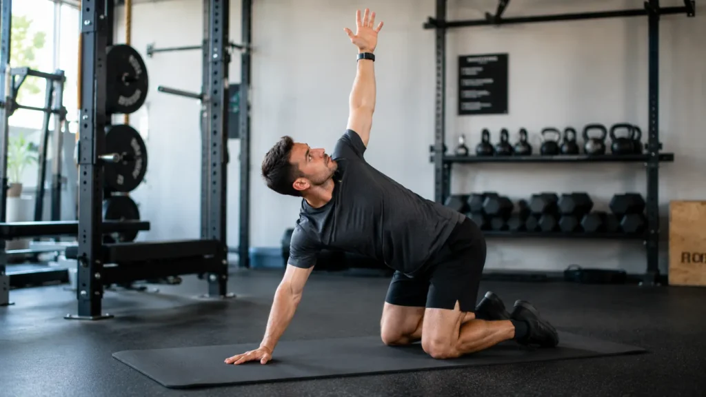 Upper Body Warm Up: The Complete Pre-Workout Routine 15 Person performing a thoracic spine rotation stretch during an upper body warm up