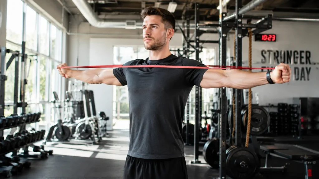 Upper Body Warm Up: The Complete Pre-Workout Routine 14 Athlete performing a band pull-apart as part of an upper body warm up routine in a gym