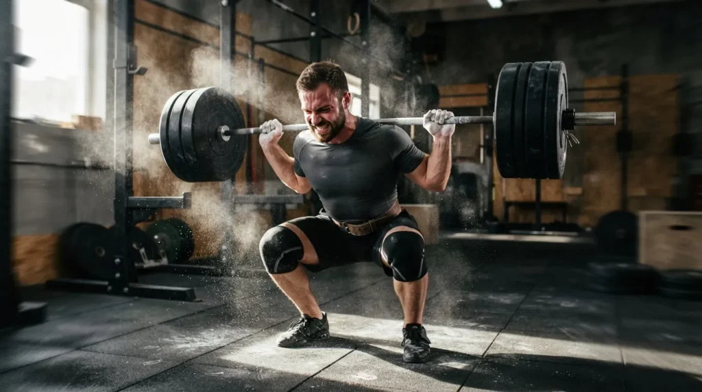 Athlete performing a barbell back squat with proper form in a gym during a strength training workout.