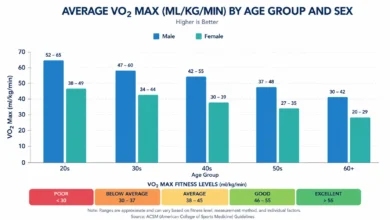 Bar chart showing average VO2 max ranges by age group and sex, used to measure cardiovascular endurance