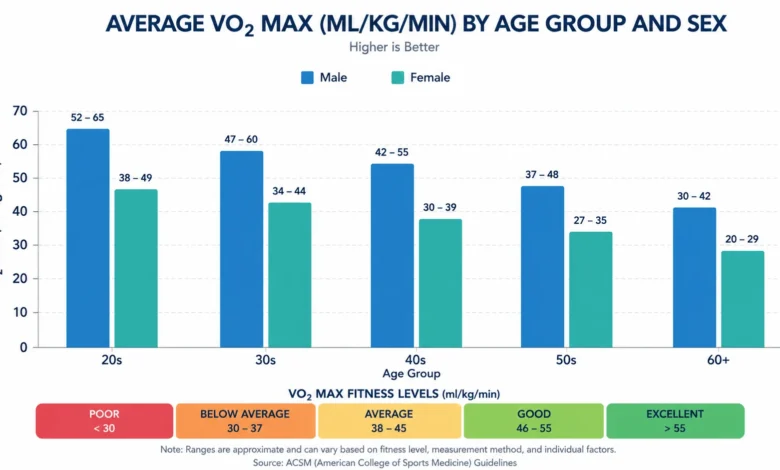 Bar chart showing average VO2 max ranges by age group and sex, used to measure cardiovascular endurance