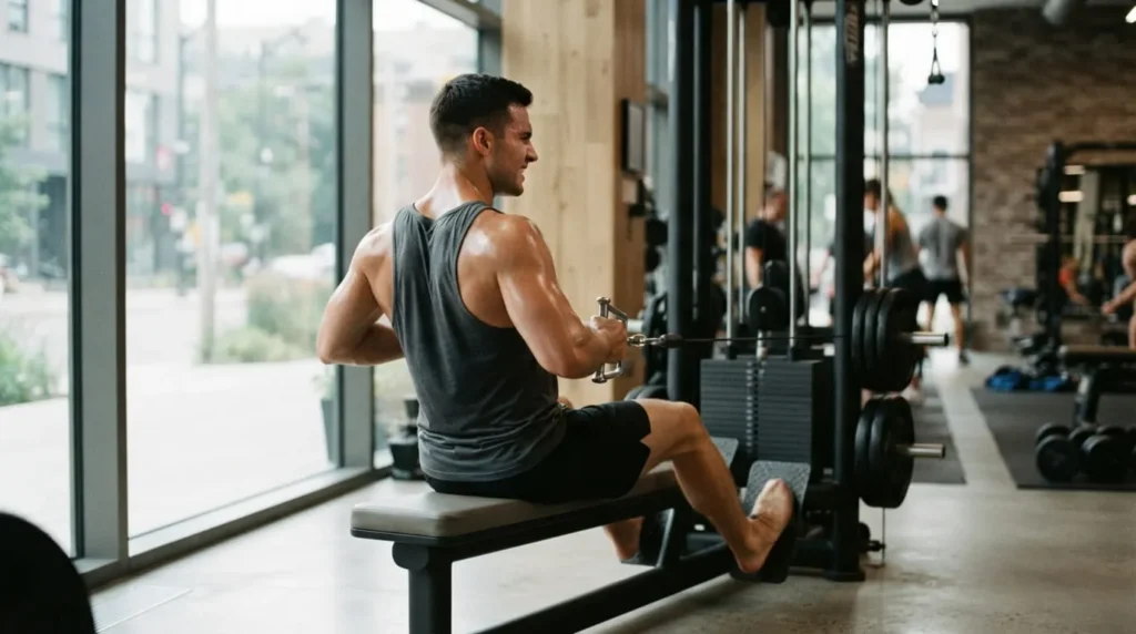 Person performing a seated cable row to train back and biceps muscle groups together