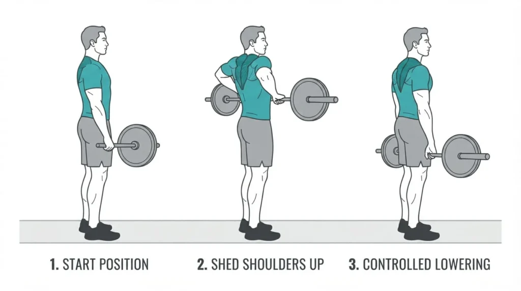 Step-by-step illustration of proper barbell shrug form for building the upper trapezius muscle