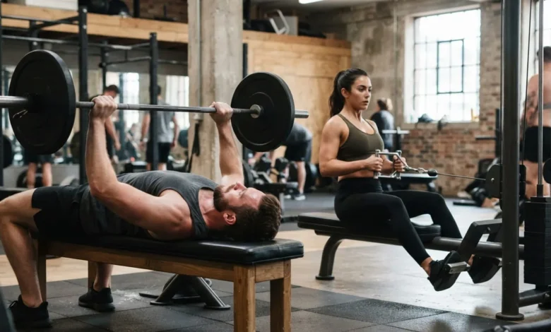 Man and woman training complementary muscle groups together in a gym, bench press and seated cable row