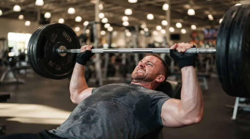 Person performing a barbell bench press to train chest and triceps muscle groups together