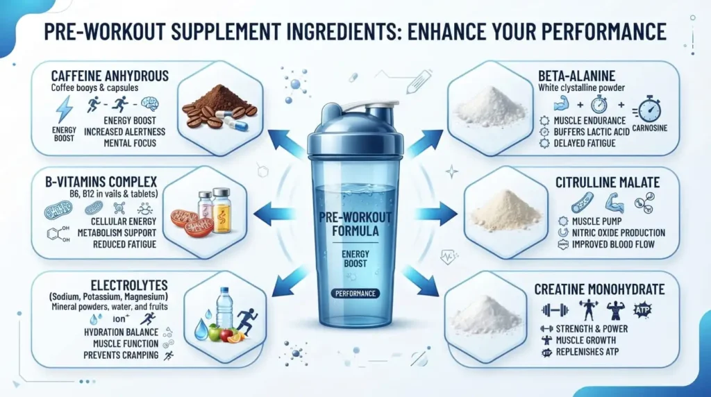 Comparison infographic showing the benefits of coffee versus a pre workout supplement.