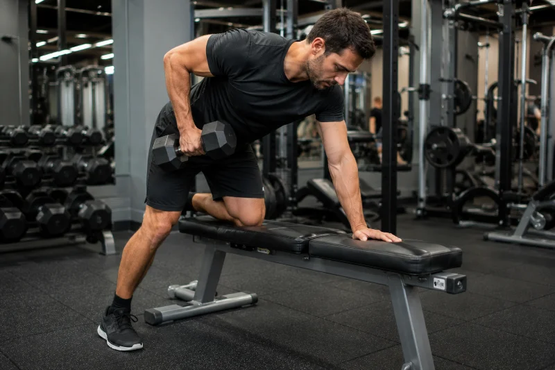 Gym Combination Workout Guide for Faster Results 14 Man performing a dumbbell row as part of a gym combination workout