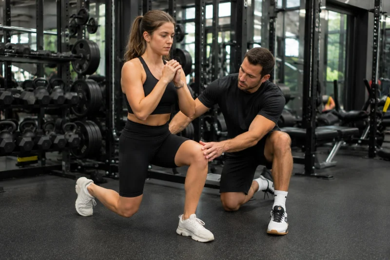 Gym Combination Workout Guide for Faster Results 15 Trainer correcting form during a gym combination workout session
