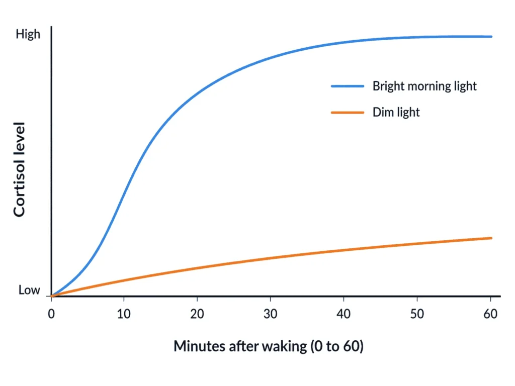 What Is A Good Morning Routine And How Do You Build One 14 Line chart comparing cortisol levels after waking under bright morning light versus dim light