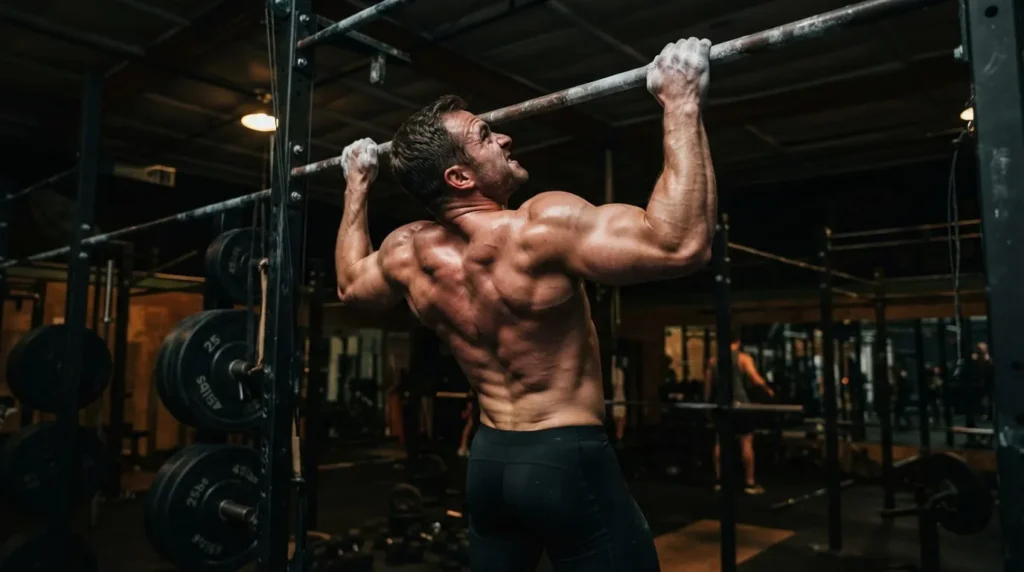 Modern gym with barbell rack, dumbbell rack, cable machine, and leg press equipment arranged on a clean workout floor