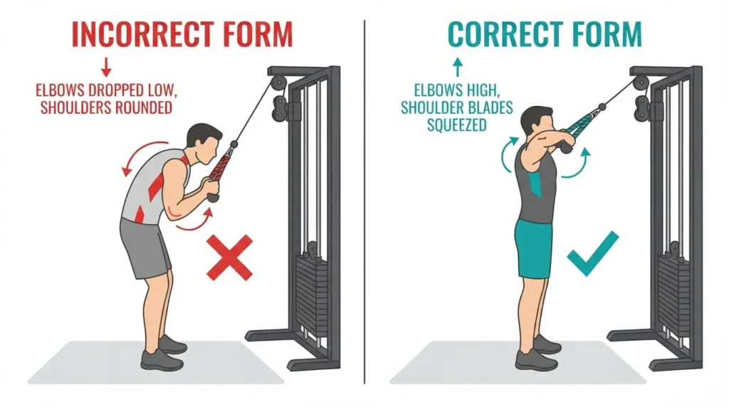Side-by-side comparison of correct and incorrect face pull form targeting the middle and lower trapezius