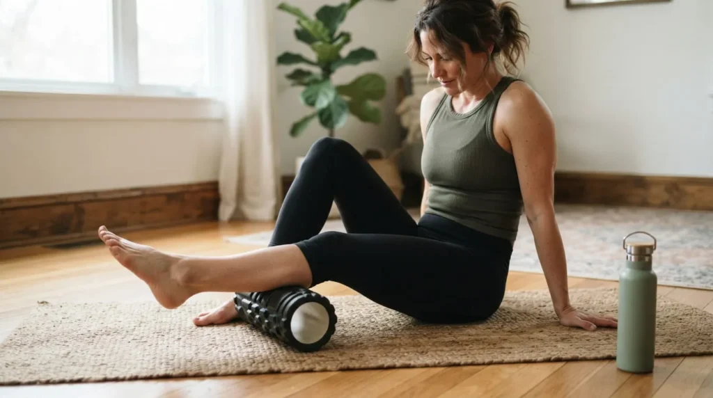 Person using a foam roller on their calf while sitting on a yoga mat in a home workout space.