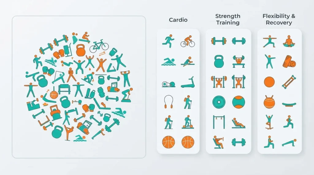 Sample full body workout card showing five exercises with sets and reps for an intermediate lifter