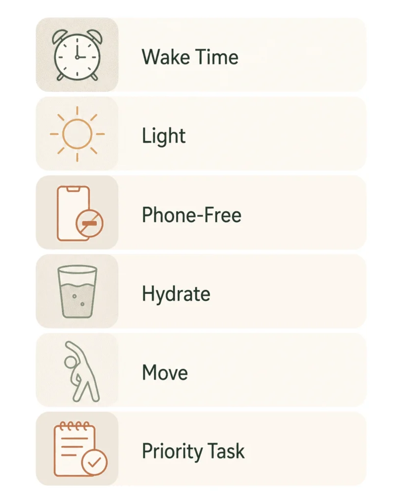 What Is A Good Morning Routine And How Do You Build One 15 Icon checklist of six good morning routine steps: wake time, light, phone-free time, hydration, movement, priority task