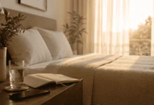 Sunlit bedroom scene showing the start of a good morning routine, with water, a journal, and a phone left aside