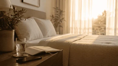 Sunlit bedroom scene showing the start of a good morning routine, with water, a journal, and a phone left aside