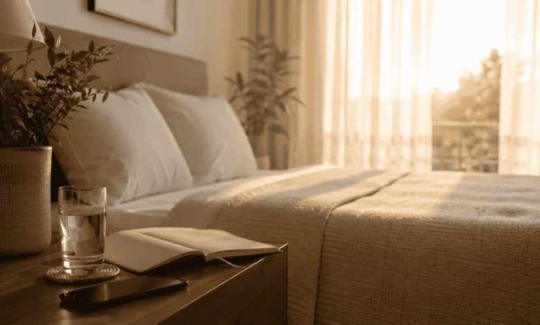 What Is A Good Morning Routine And How Do You Build One 13 Sunlit bedroom scene showing the start of a good morning routine, with water, a journal, and a phone left aside
