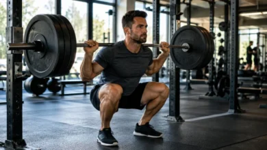 man performing a squat that engages major muscle groups of the body