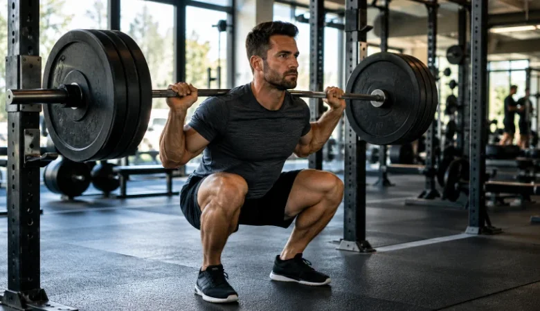 man performing a squat that engages major muscle groups of the body