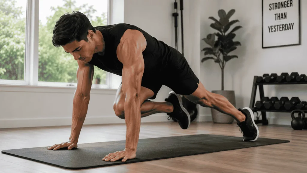 Athletic person performing a mountain climber exercise with knee driven toward chest in a high plank position for core strength